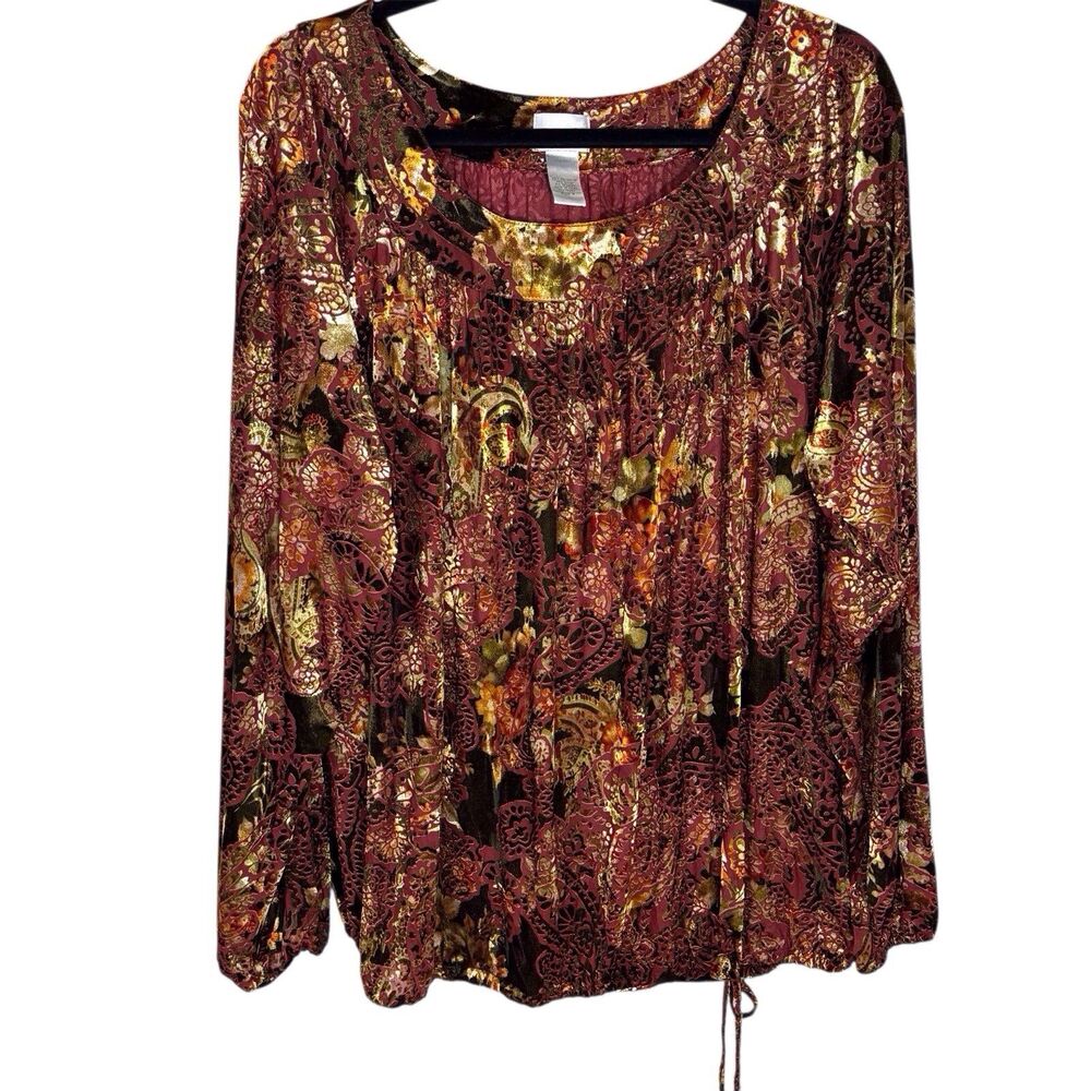 Chicos Velvet Burnout Top Paisley Peasant Size 3 US XL Tie Waist Long Sleeve